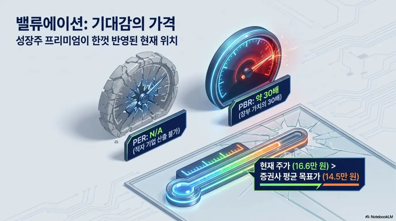 두산로보틱스 주가 전망: &lsquo;밸류에이션&amp;#44; 기대감의 가격&rsquo;이라는 문구와 PER 산출 불가&amp;#44; PBR 약 30배&amp;#44; 현재 주가 16.6만원이 증권사 평균 목표가 14.5만원을 웃도는 계기판이 담긴 이미지. 이 이미지는 성장주 프리미엄이 반영된 두산로보틱스 목표주가와 밸류에이션 부담을 시각적으로 전달하며&amp;#44; 블로그의 두산로보틱스 밸류에이션 주제와 관련된 내용을 설명함 