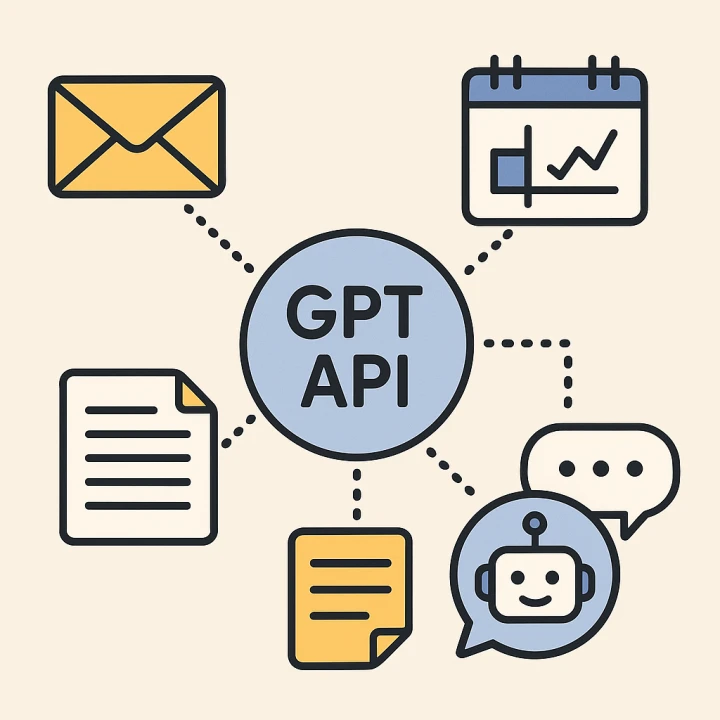 다양한 자동화 워크플로우가 연결된 GPT API 다이어그램