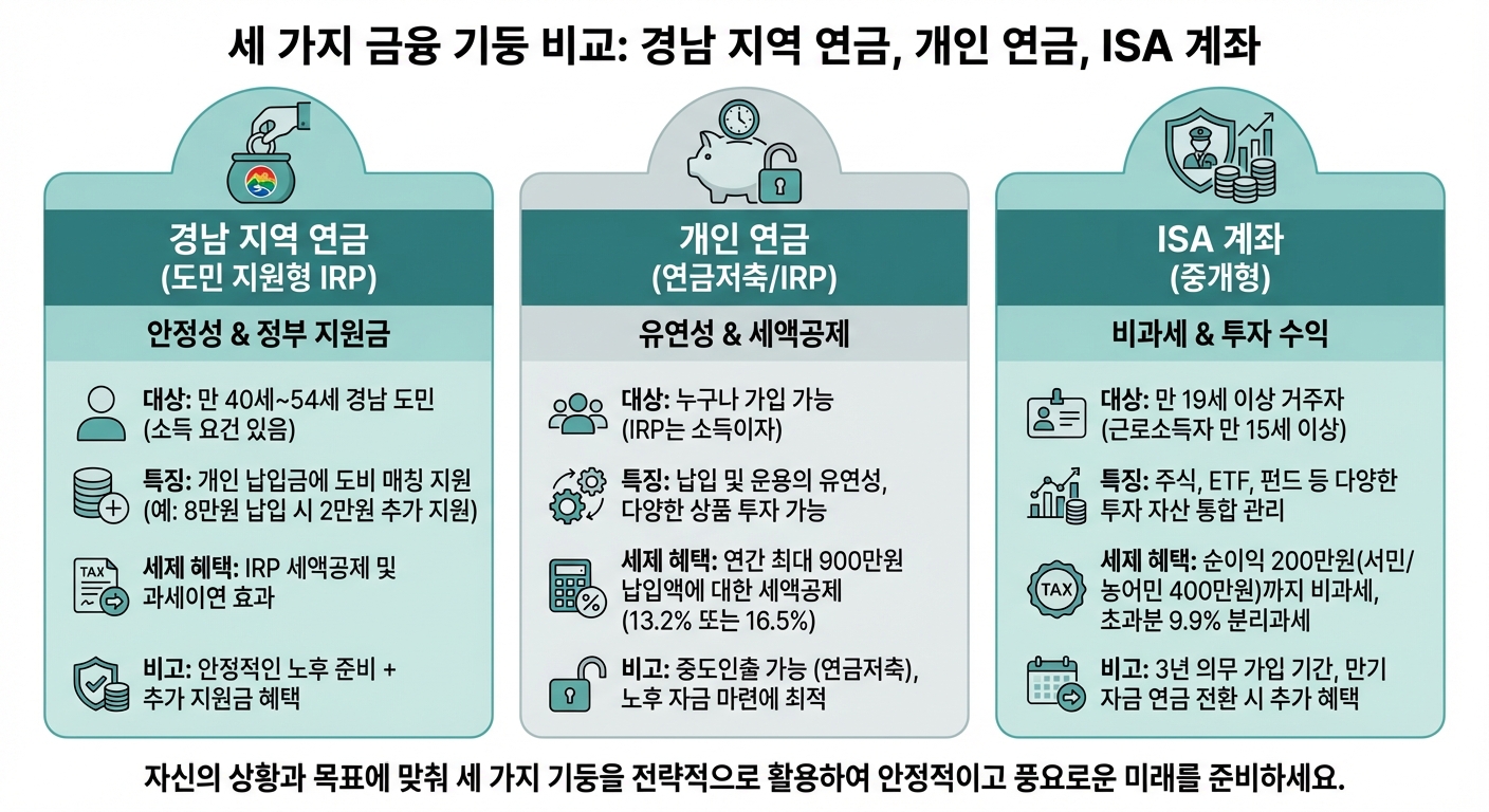 경남도민연금, 개인연금, ISA 계좌 등 다양한 노후 대비책을 비교하는 인포그래픽.