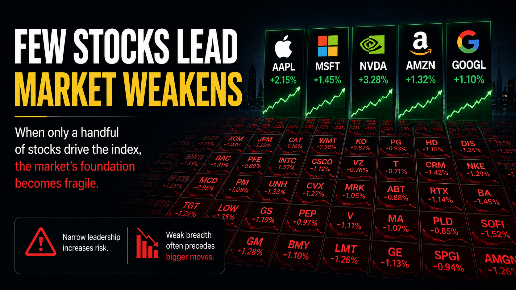 Illustration of narrow market leadership with only a few mega-cap stocks rising while most stocks decline.