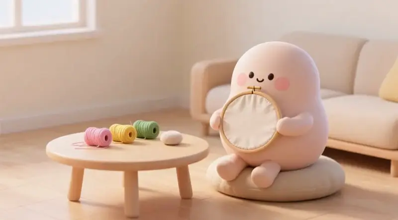수틀을 들고 실 묶음을 바라보는 캐릭터
