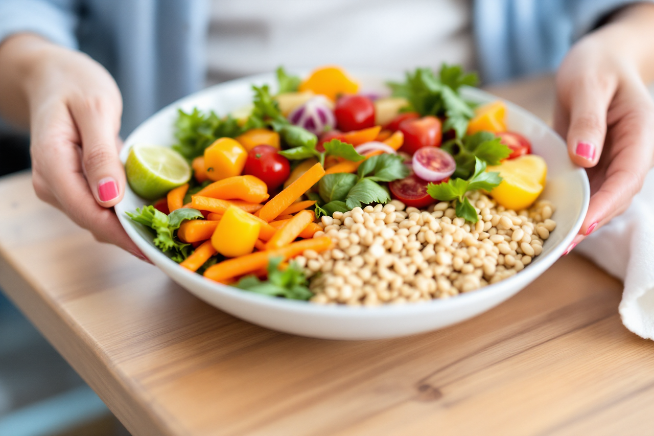 접시위에 음식을 들고 있는 모습