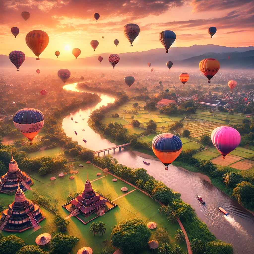 치앙마이 하늘 위를 떠다니는 열기구의 멋진 풍경