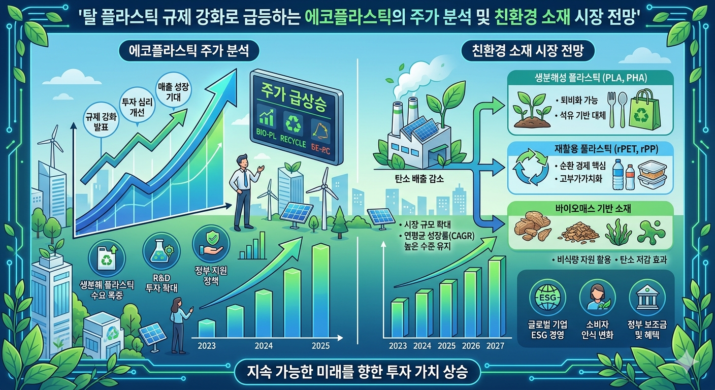 탈 플라스틱 규제 강화로 급등하는 에코플라스틱의 주가 분석 및 친환경 소재 시장 전망 그래픽 이미지
