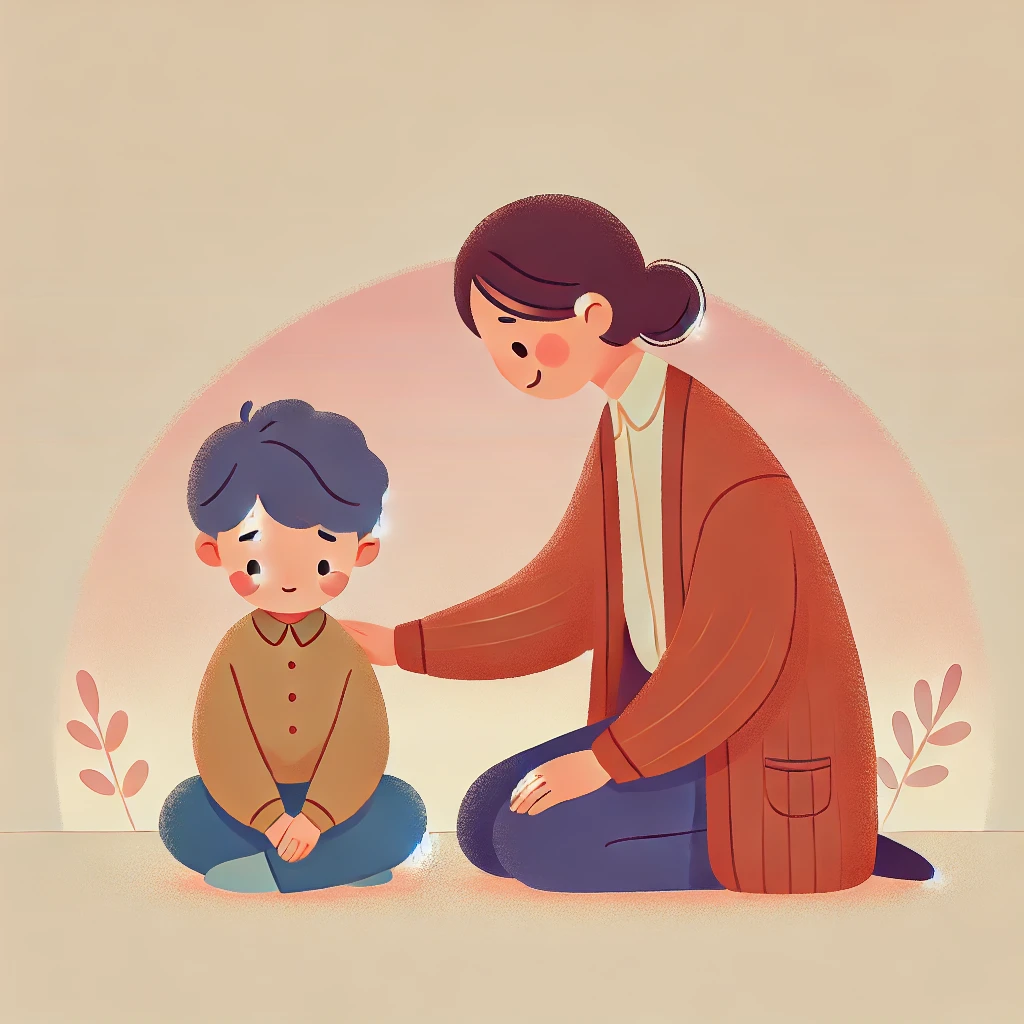 우는아이를 다독여주는 여성 일러스트