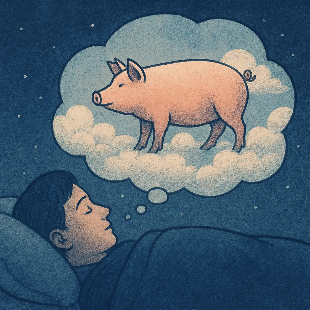 잠든 사람의 머리 위로 돼지를 떠올리는 꿈 장면