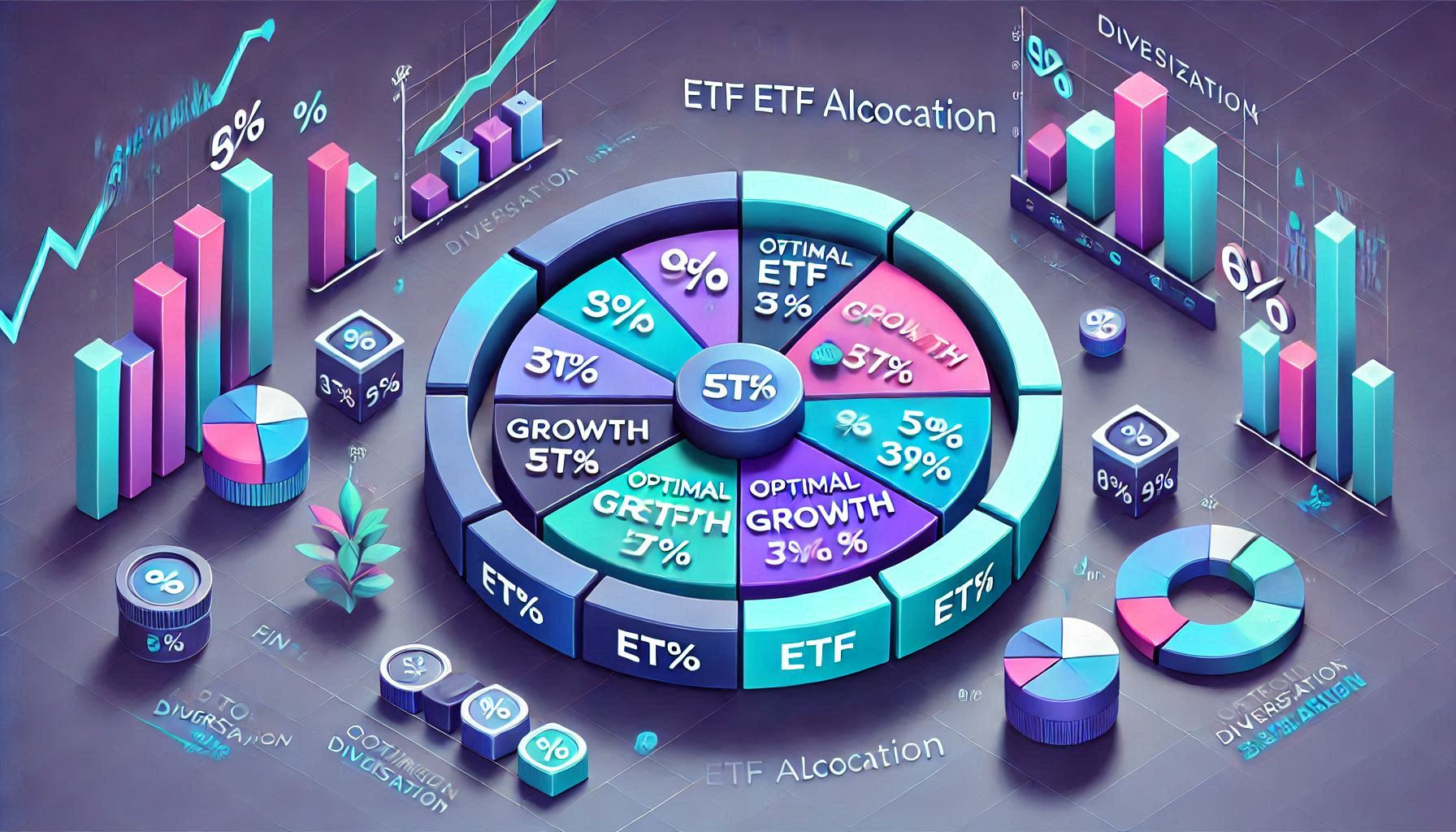 성장형 ETF 포트폴리오 구성을 보여주는 원형 다이어그램으로, 각 섹터별 비중과 분산 투자 전략을 시각화한 3D 일러스트레이션