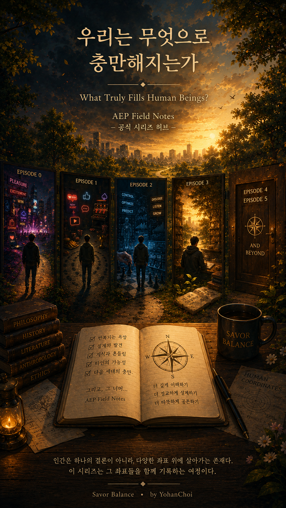 A cinematic illustration representing the official series hub of AEP Field Notes. A traveler stands before a sequence of symbolic gateways connecting Episodes 0–5, exploring themes of desire, discovery, knowledge, human understanding, and meaningful fulfillment. An open journal, philosophical books, and a compass symbolize Human Coordinates and the ongoing journey of understanding what truly fills human beings. The artwork reflects the philosophical themes explored throughout the AEP Field Notes series.