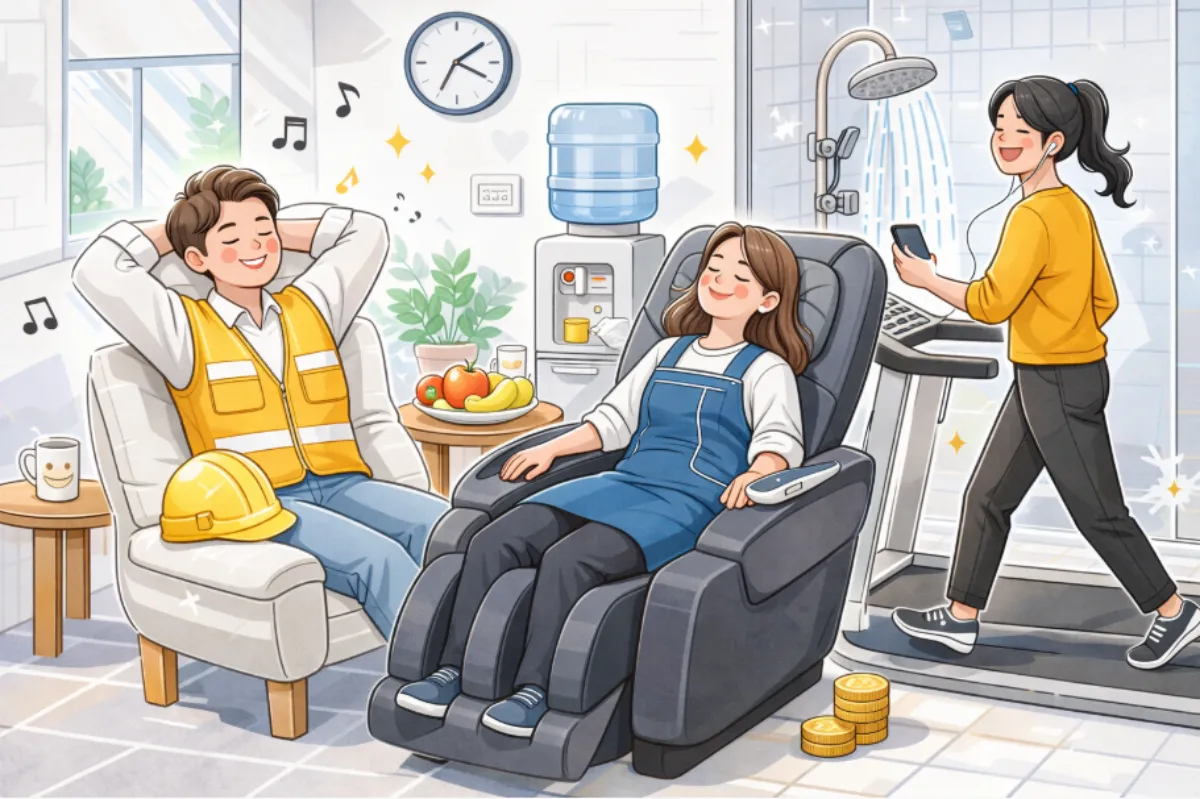 휴게시설에서 쉬는 근로자들