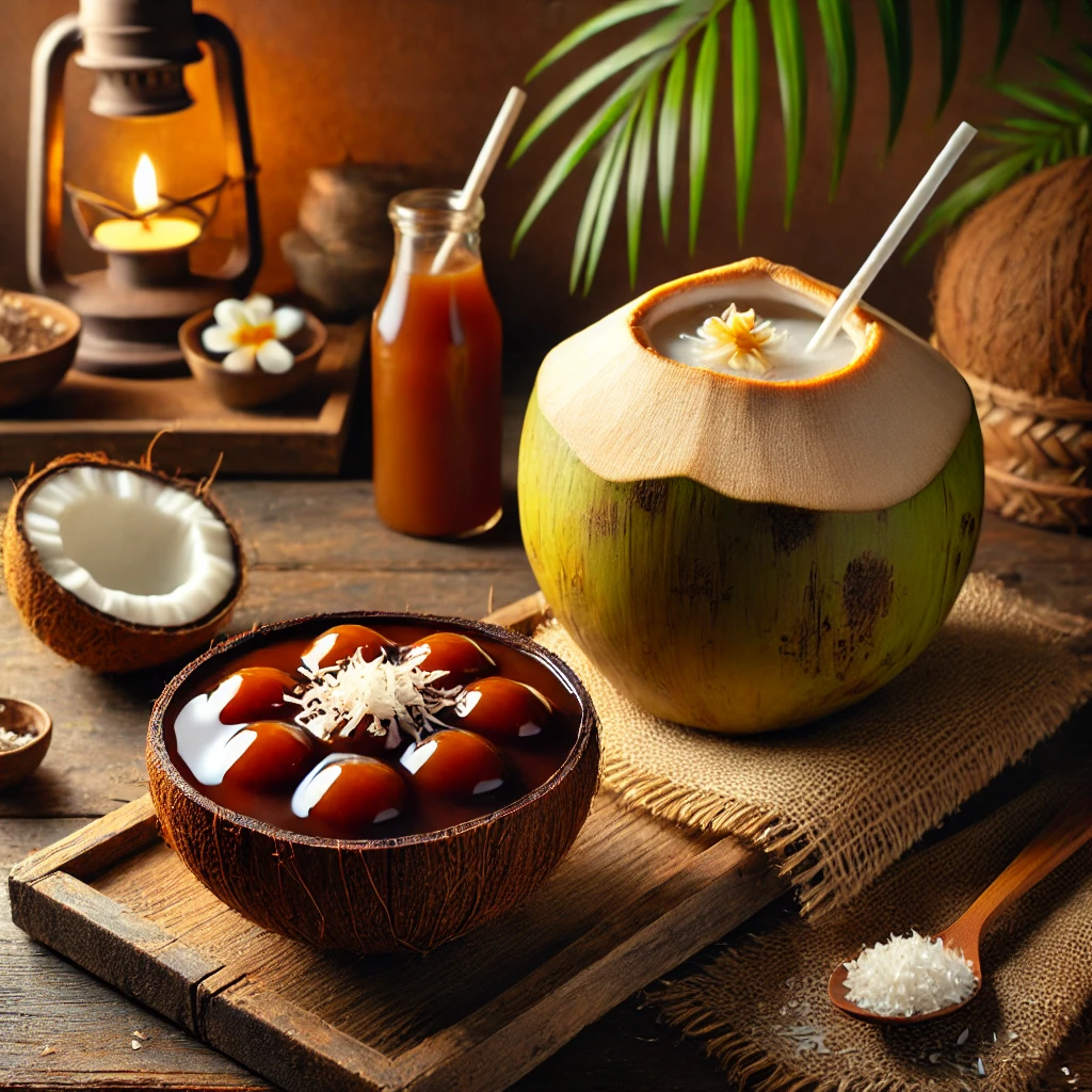 코코넛 껍질에 담긴 칼라마이와 신선한 코코넛 주스
