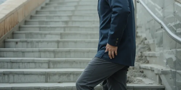 계단을 오르며 고관절 부위를 짚는 남자