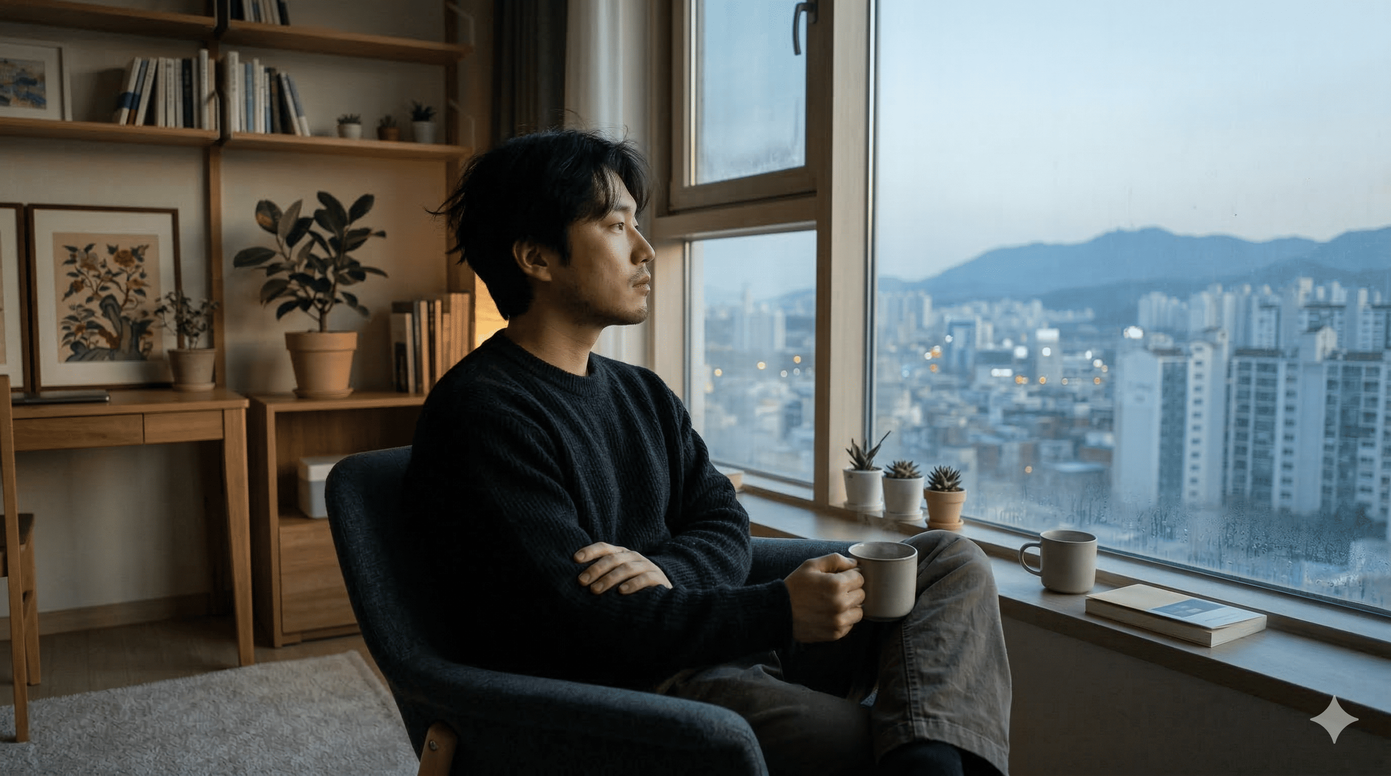 고요한 새벽 창가에서 생각에 잠긴 한국인의 모습입니다. 새로운 아이디어와 가능성을 떠올리는 차분한 분위기가 느껴집니다.