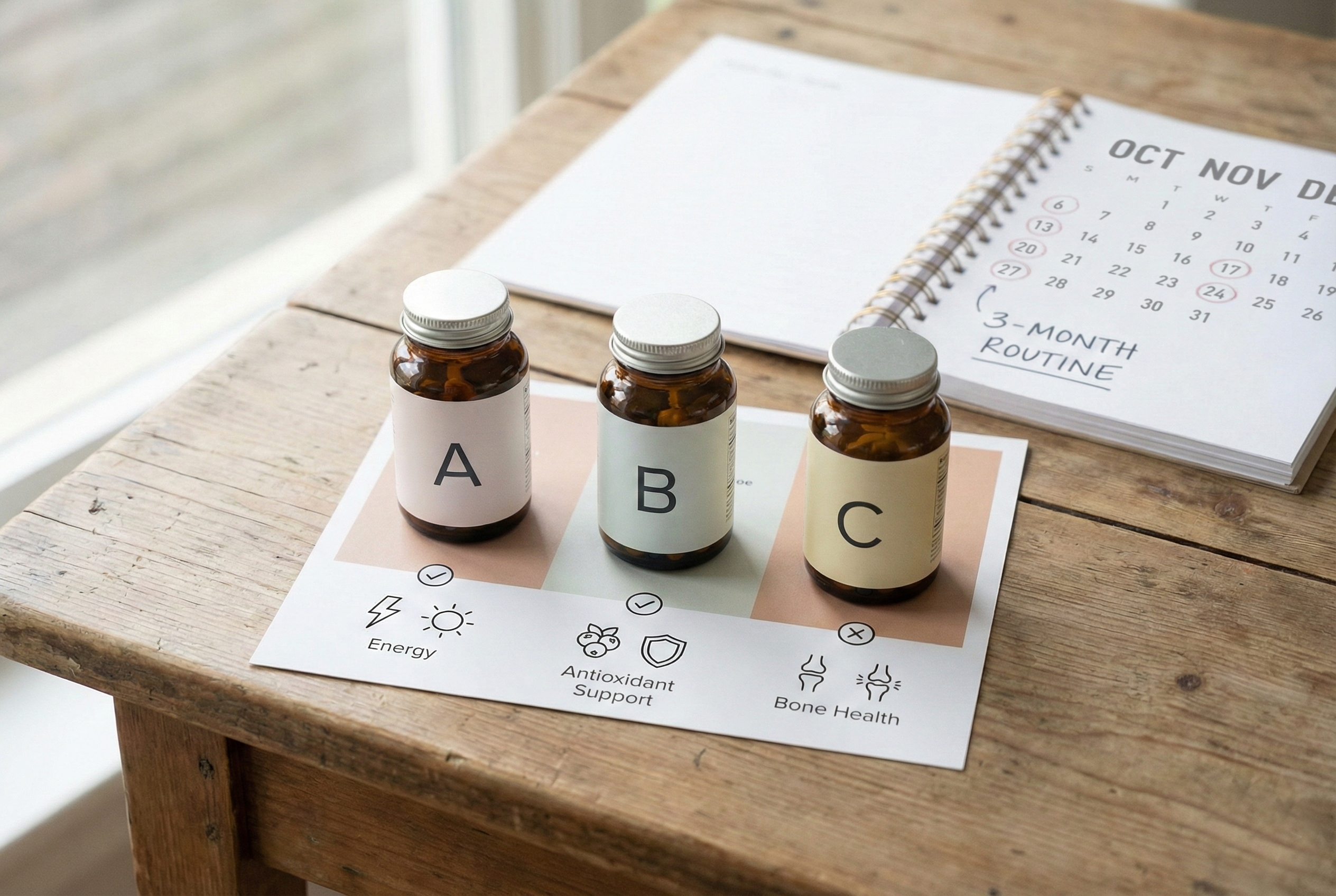 창가 나무 책상 위에 A&middot;B&middot;C 라벨이 붙은 갈색 비타민 병 세 개와 에너지&middot;항산화&middot;뼈 건강 아이콘이 있는 인포그래픽, 옆에 3개월 영양제 루틴이 적힌 캘린더 노트가 놓인 멀티비타민 섭취 루틴 연출 컷