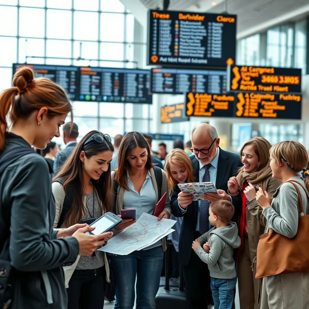 공항 내부에서 사람들이 휴대폰이나 태블릿으로 대중교통 앱을 검색하거나, 삼삼오오 모여 대체 이동 방안에 대해 이야기하는 모습입니다. 파업 상황에서 각자 해결책을 찾는 노력을 보여줍니다.