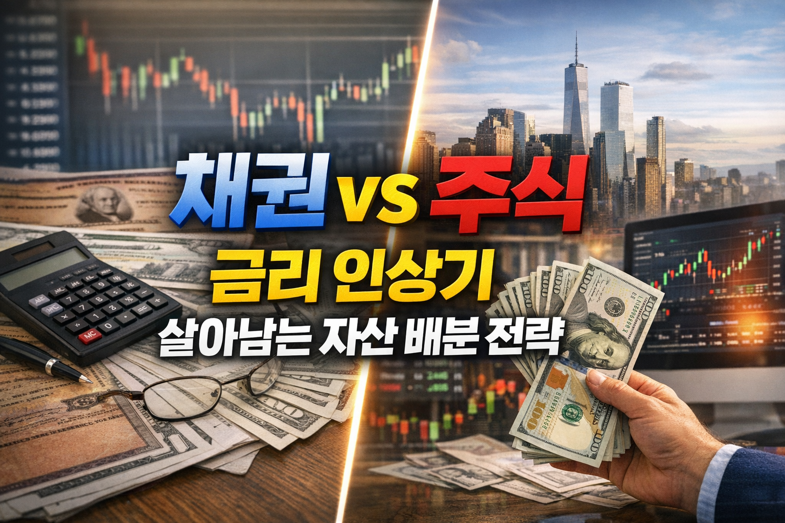 채권 vs 주식 비교, 금리 인상기 자산 배분 전략과 금리 변화에 따른 투자 판단을 설명하는 이미지