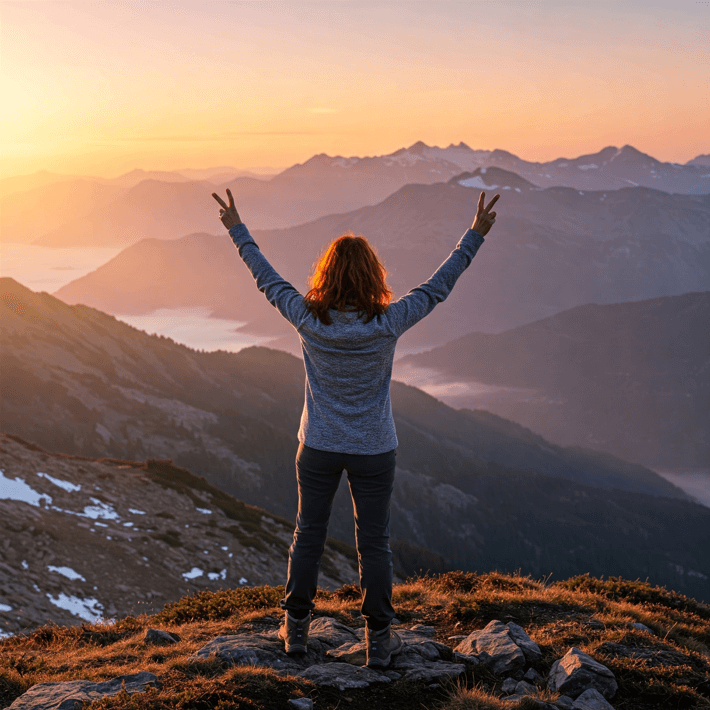 아침 일출을 바라보며 크게 기지개 켜는 중년 여성의 뒷모습