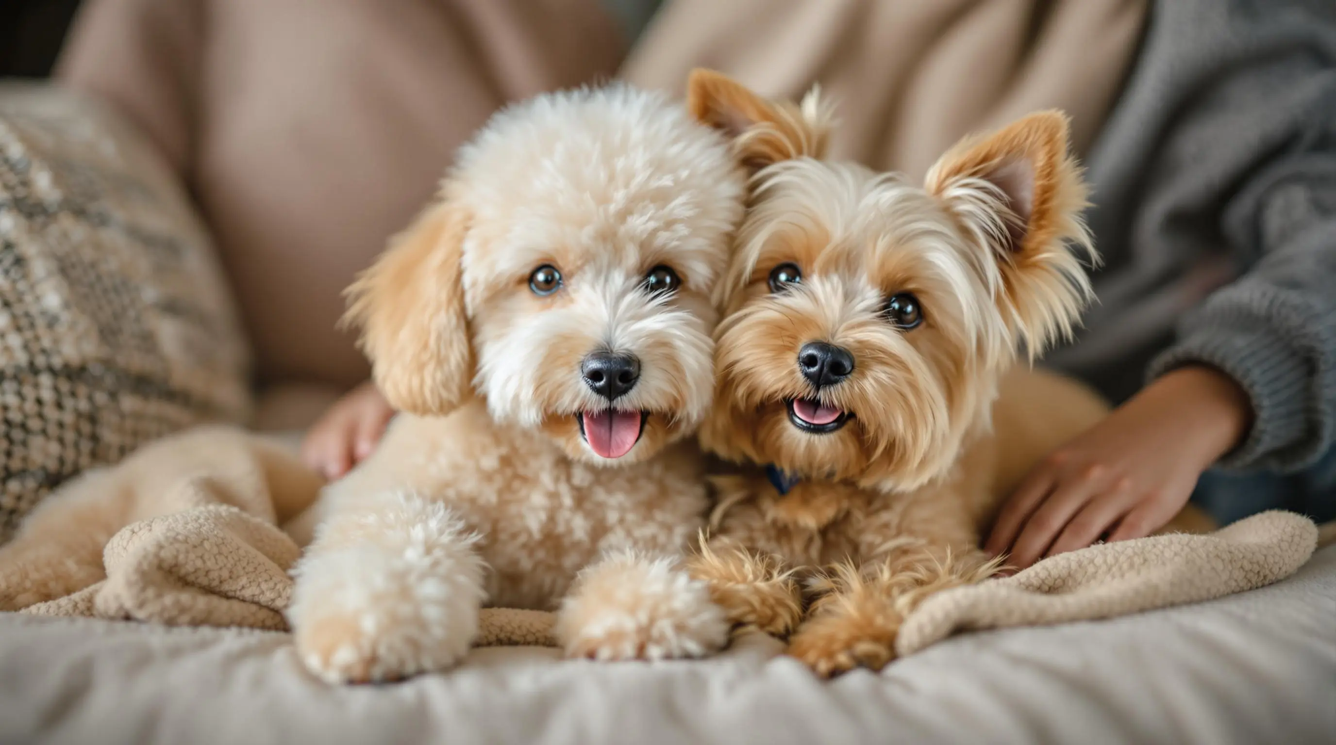 귀여운 푸들과 요크셔테리어가 포근한 소파 위에서 서로 기대고 있는 모습