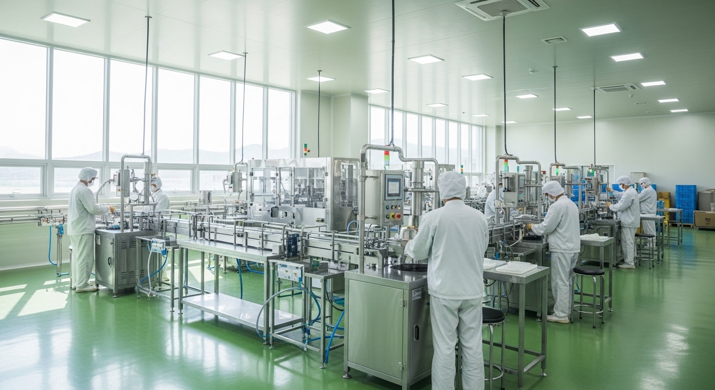 깨끗하고 현대적인 공장 내부, 위생복을 입은 작업자