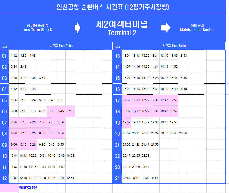제 2여객터미널에서 장기주차장 셔틀 시간표