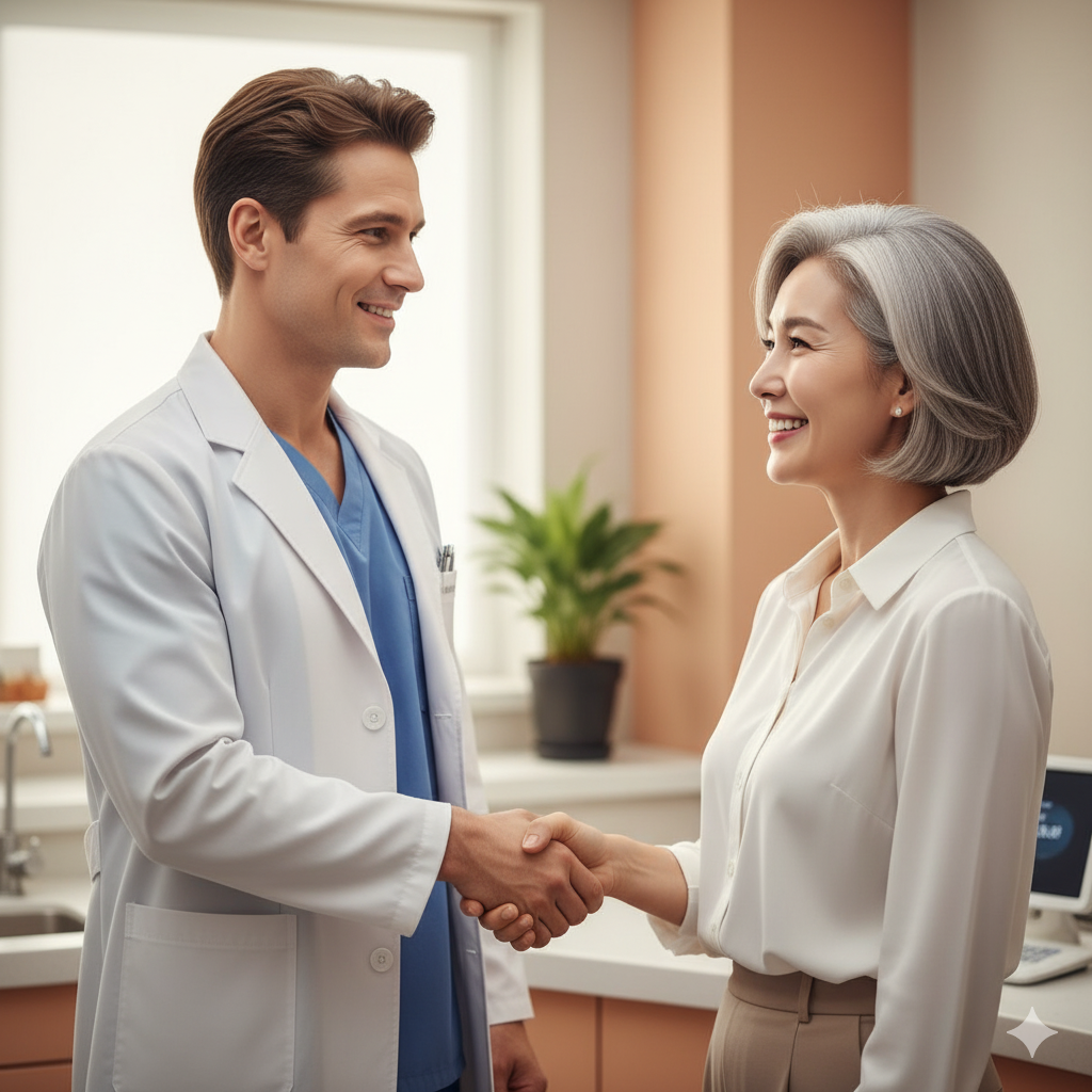 치과 검진을 마치고 의사와 감사하게 악수하는 중년 여성.