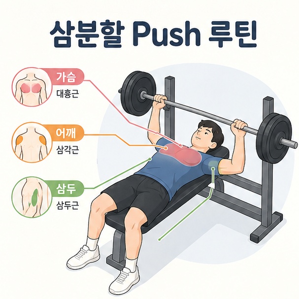 벤치프레스를 하는 사람과 가슴·어깨·삼두 부위를 표시하고 ‘삼분할 Push 루틴’이라는 제목을 넣은 운동 정보 대표 이미지