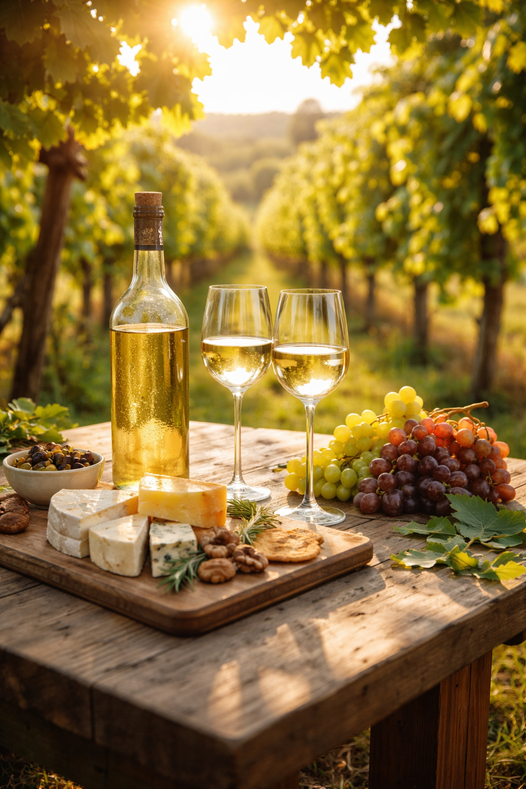 와이너리에 원목탁자 위에 화이트 와인과 치즈가 있는 사진