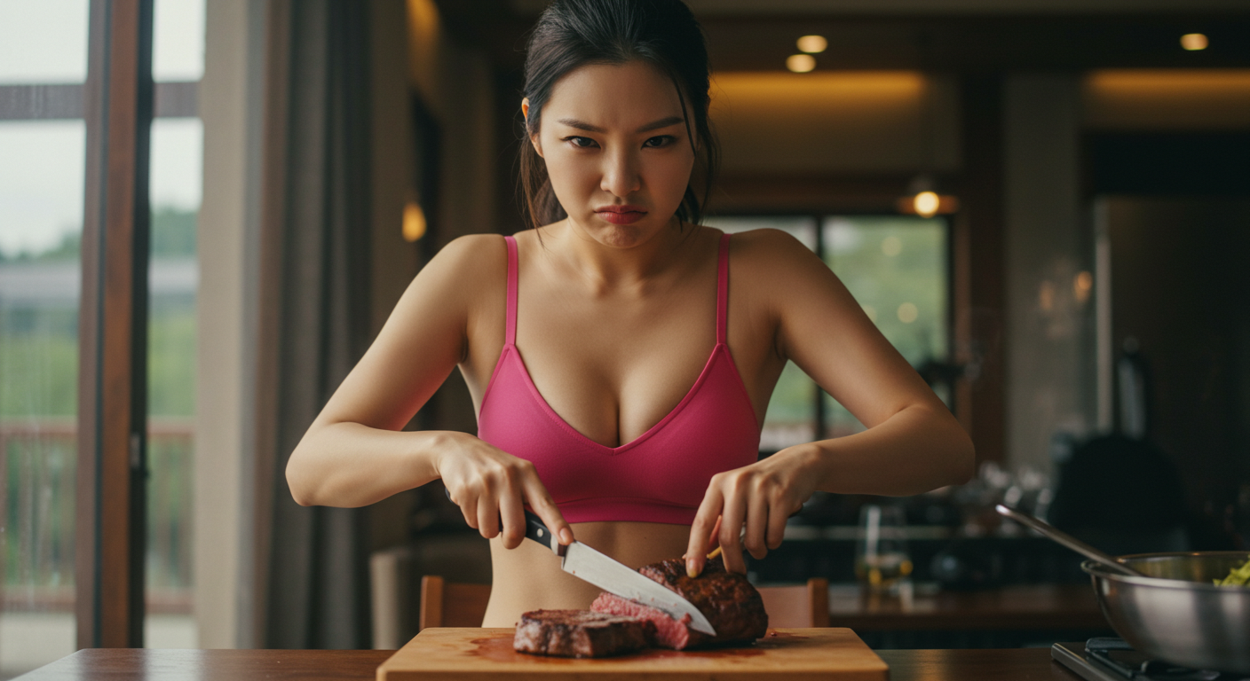 찌푸린 표정으로 스테이크를 썰고있는 한국 여성.