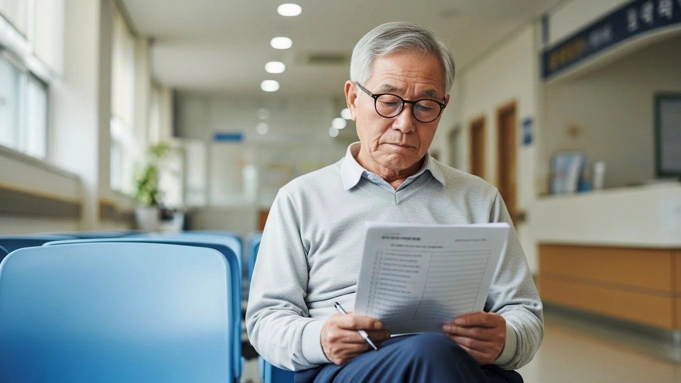 병원 진료 전 체크리스트를 확인하는 노년 남성
