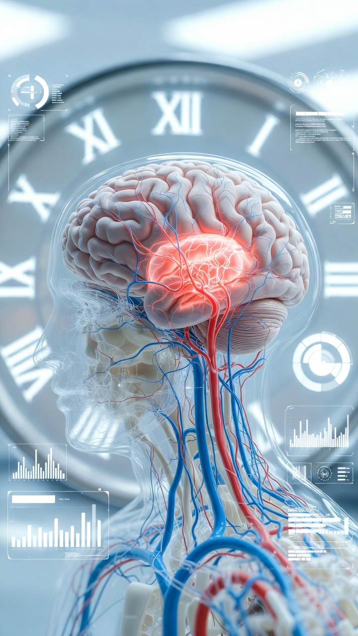 뇌경색 골든타임의 중요성을 상징하는 뇌 혈관 강조 이미지와 배경의 로마자 시계