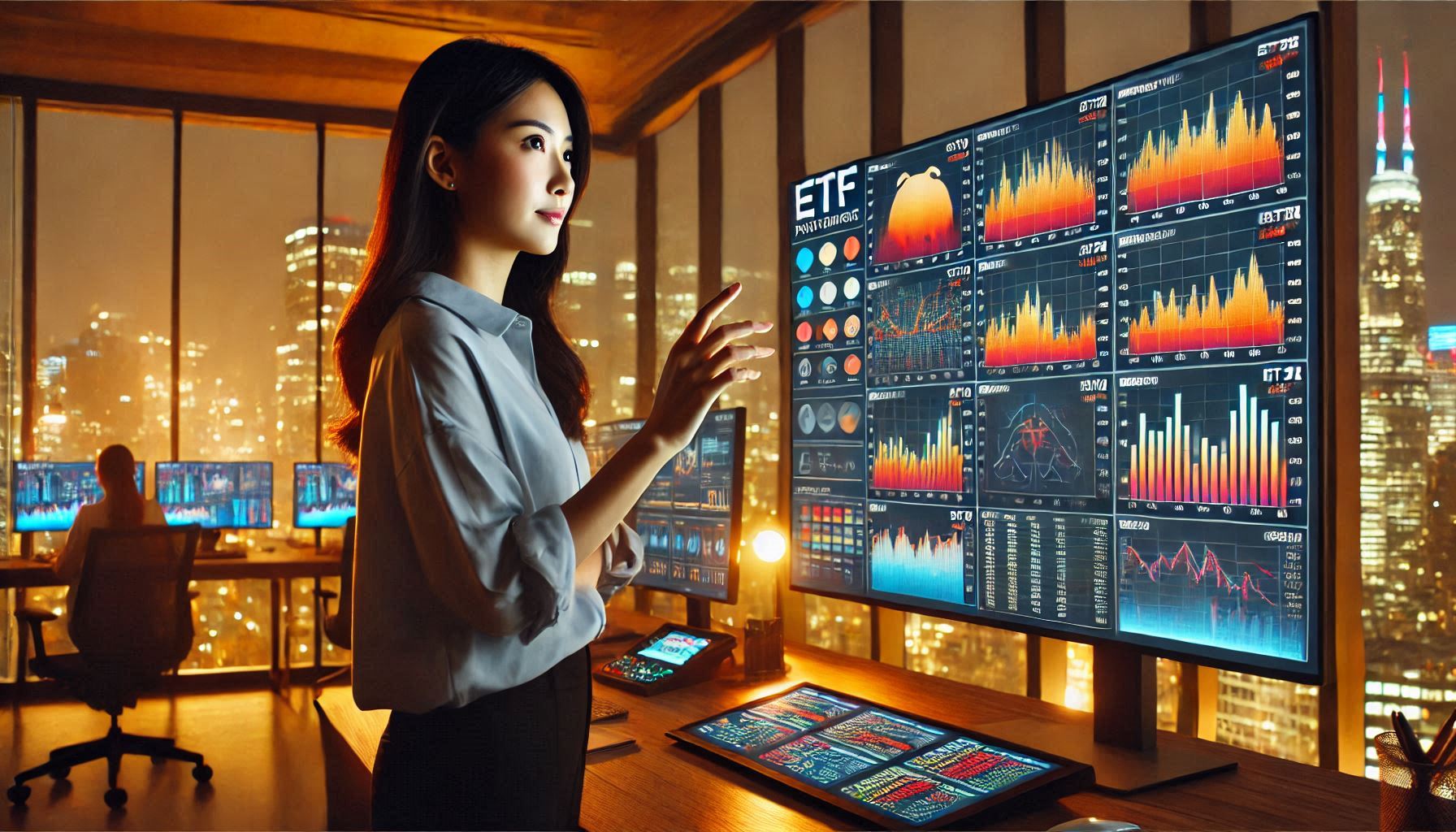 현대적인 사무실에서 여러 모니터로 테마형 ETF 성과를 분석하는 투자 전문가. 히트맵과 차트가 표시된 화면들과 제스처로 데이터를 조작하는 모습