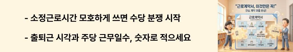 근로계약서 필수 기재 사항: '소정근로시간 모호하게 쓰면 수당 분쟁 시작 / 출퇴근 시각과 주당 근무일수, 숫자로 적으세요'라는 문구가 포함된 웹배너 이미지. 이 이미지는 근로계약서에 소정근로시간을 구체적으로 기재해야 연장근로수당 분쟁을 예방할 수 있다는 정보를 시각적으로 전달하며, 블로그의 근무시간 조항 작성법과 관련된 내용을 설명함