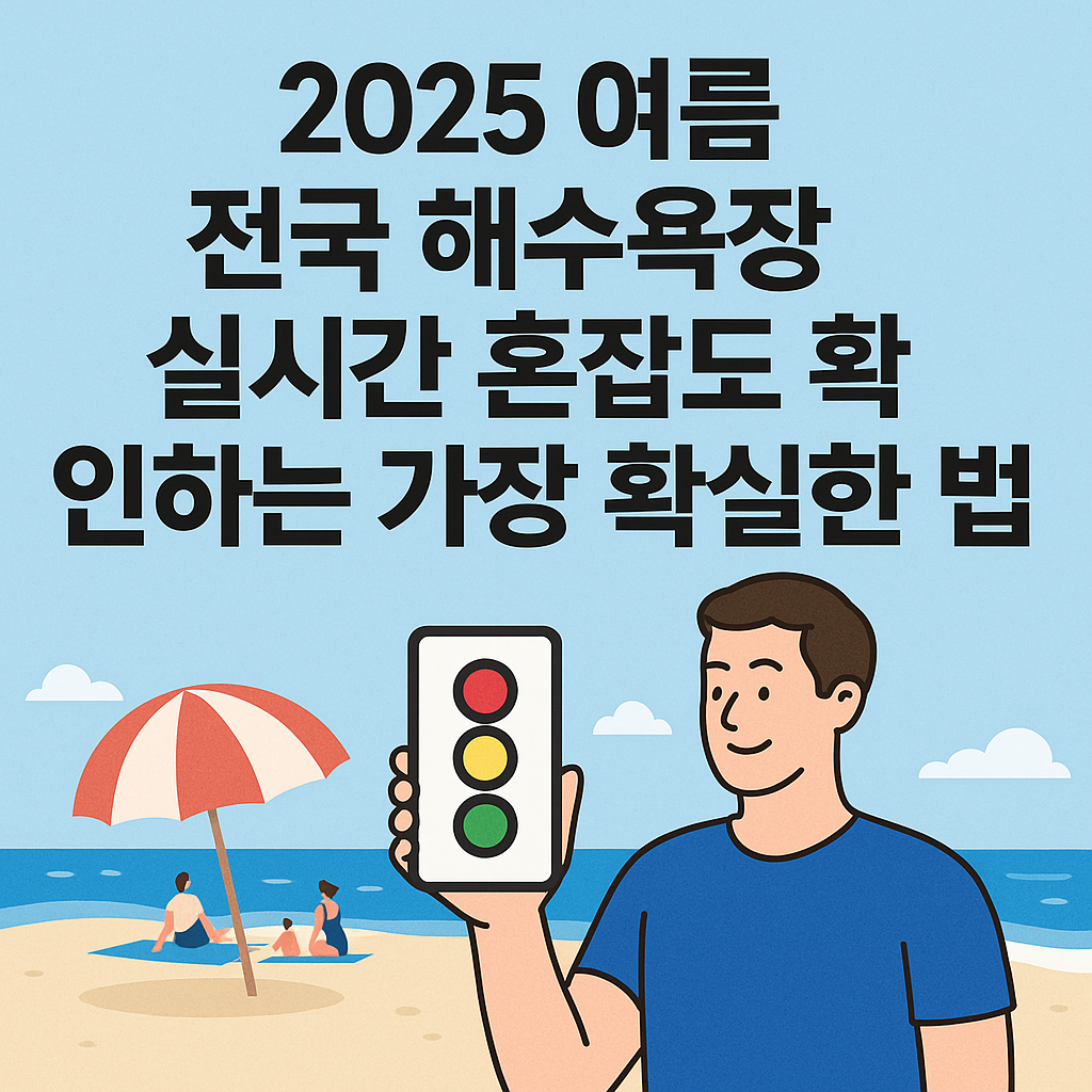2025 여름 전국 해수욕장 실시간 혼잡도 확인법 썸네일 &ndash; 휴대폰으로 교통신호등 혼잡도 확인하는 남성과 해변 일러스트
