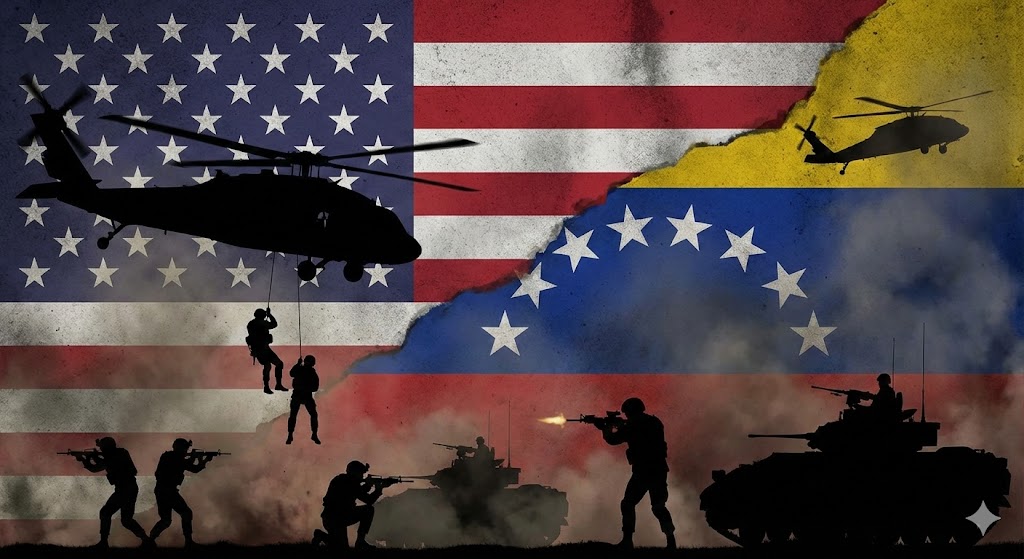 미국과 베네수엘라 충돌 전쟁을 그리는 사진