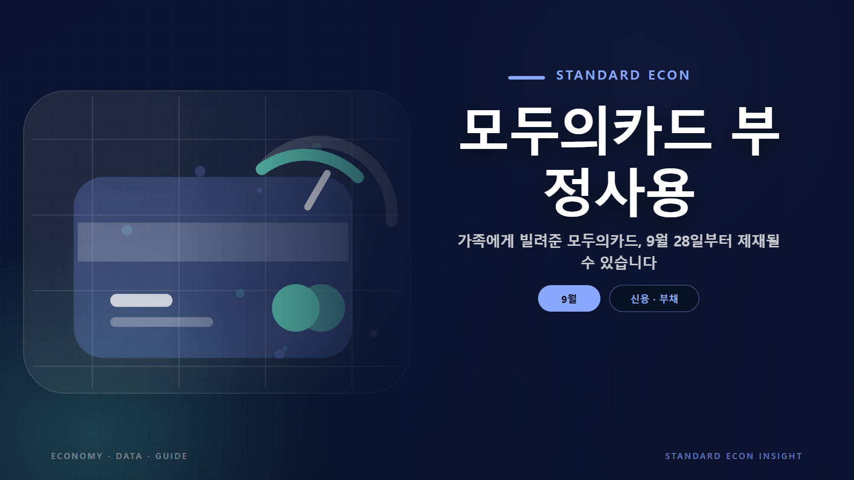 모두의카드 부정사용 문구와 신용카드와 점검 게이지 그래픽 요소를 담은 신용 &middot; 부채 경제 콘텐츠 대표 이미지