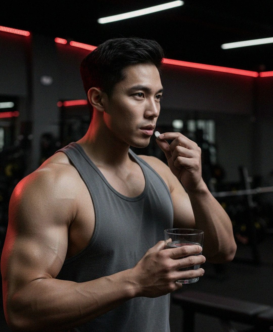 Korean Asian man in 30s choosing between energy drink and supplements