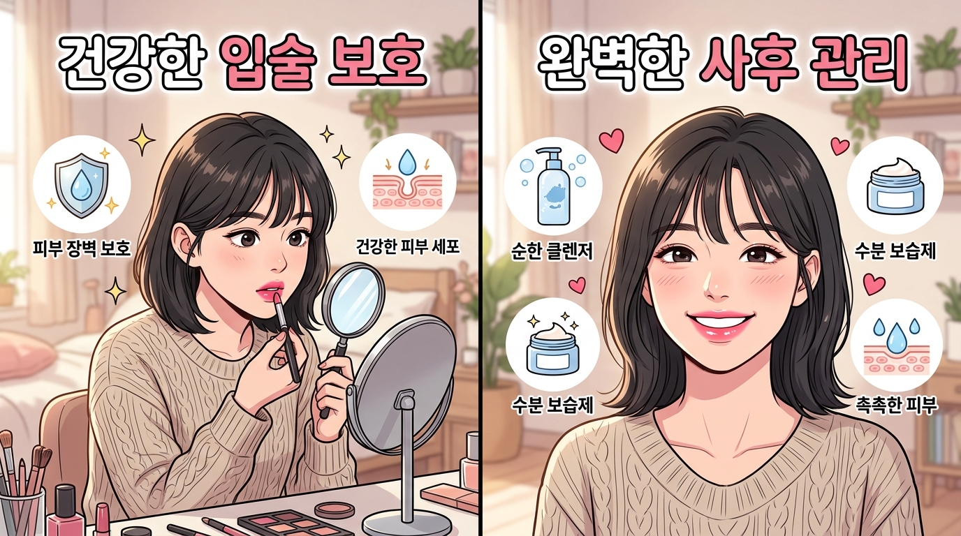 입술 라인을 정교하게 그리고 성분을 신경 써 메이크업하는 모습(왼쪽)과, 적절한 클렌징과 보습 관리를 통해 촉촉하고 건강한 입술을 유지하며 밝게 웃는 모습(오른쪽)을 대비적으로 표현한 웹툰 스타일 일러스트레이션. 올바른 메이크업과 사후 관리의 중요성을 강조함.