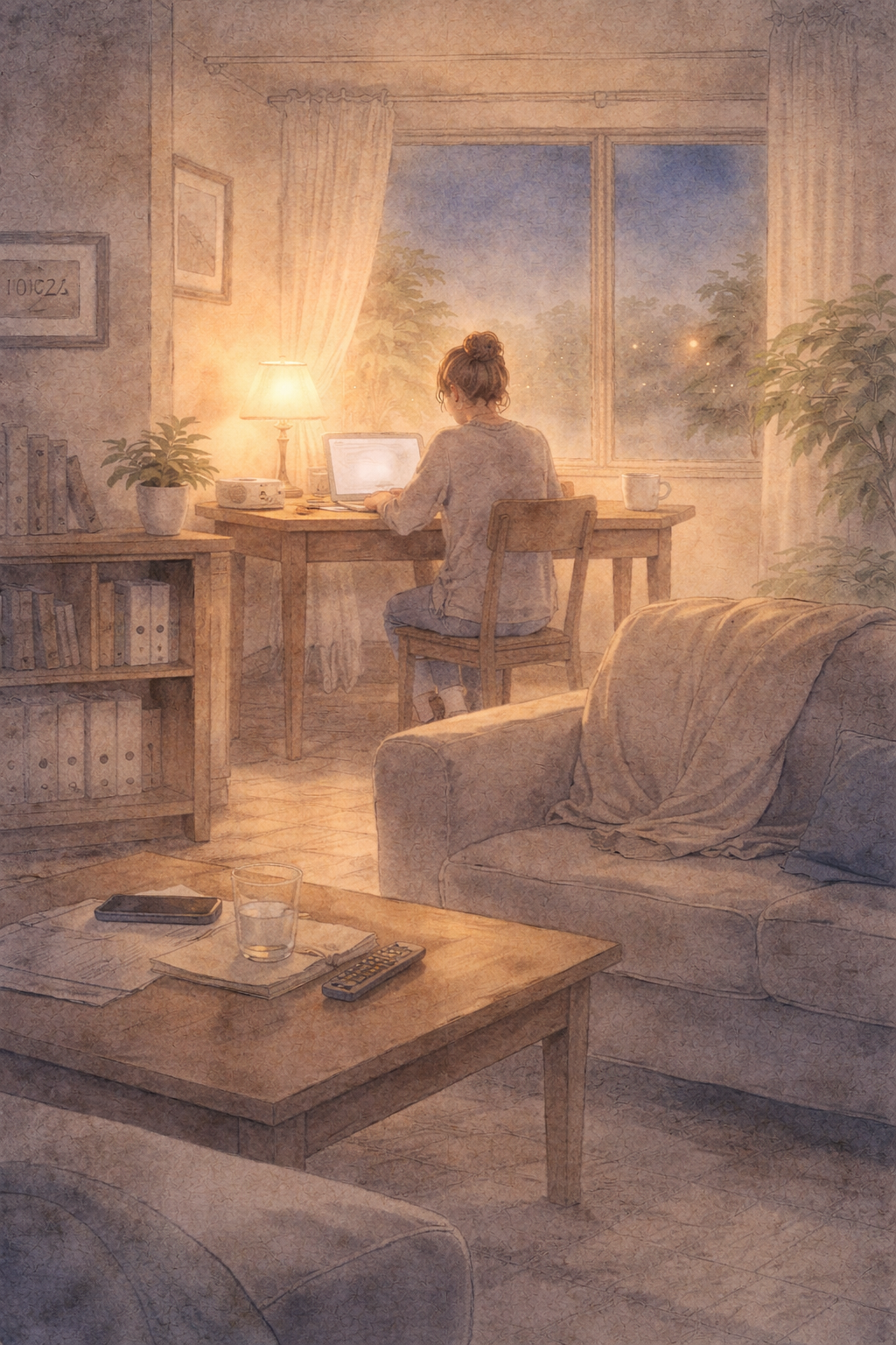 밤의 초입, 실내에서 노트북을 사용하는 인물의 모습.
겉으로는 휴식처럼 보이지만, 회복이 집중되는 시간대가 자극으로 채워져 뇌가 정비되지 못하는 현대인의 수면 구조를 상징하는 장면.