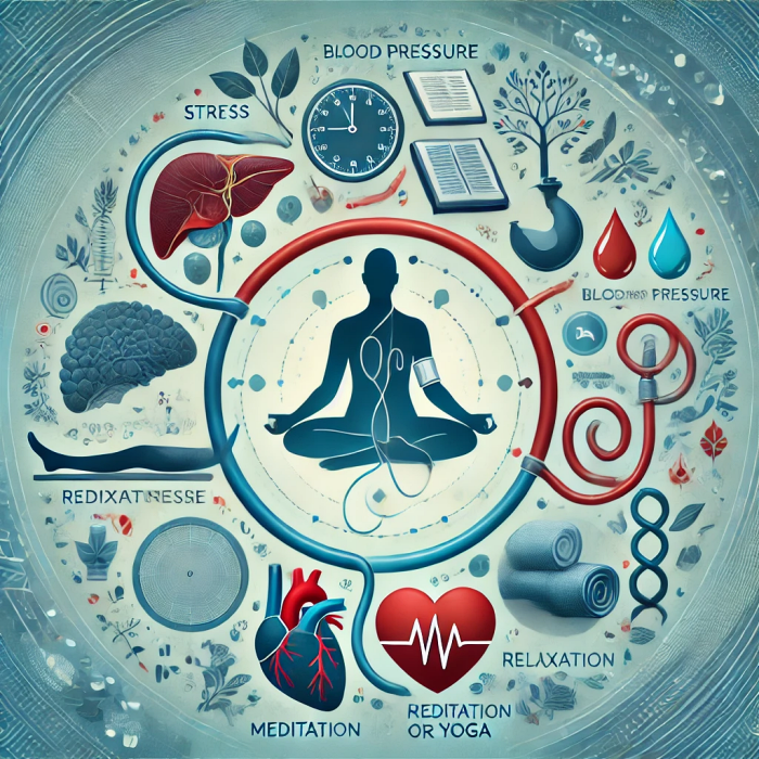 스트레스가 혈압에 미치는 영향을 설명하는 다이어그램과 이완법