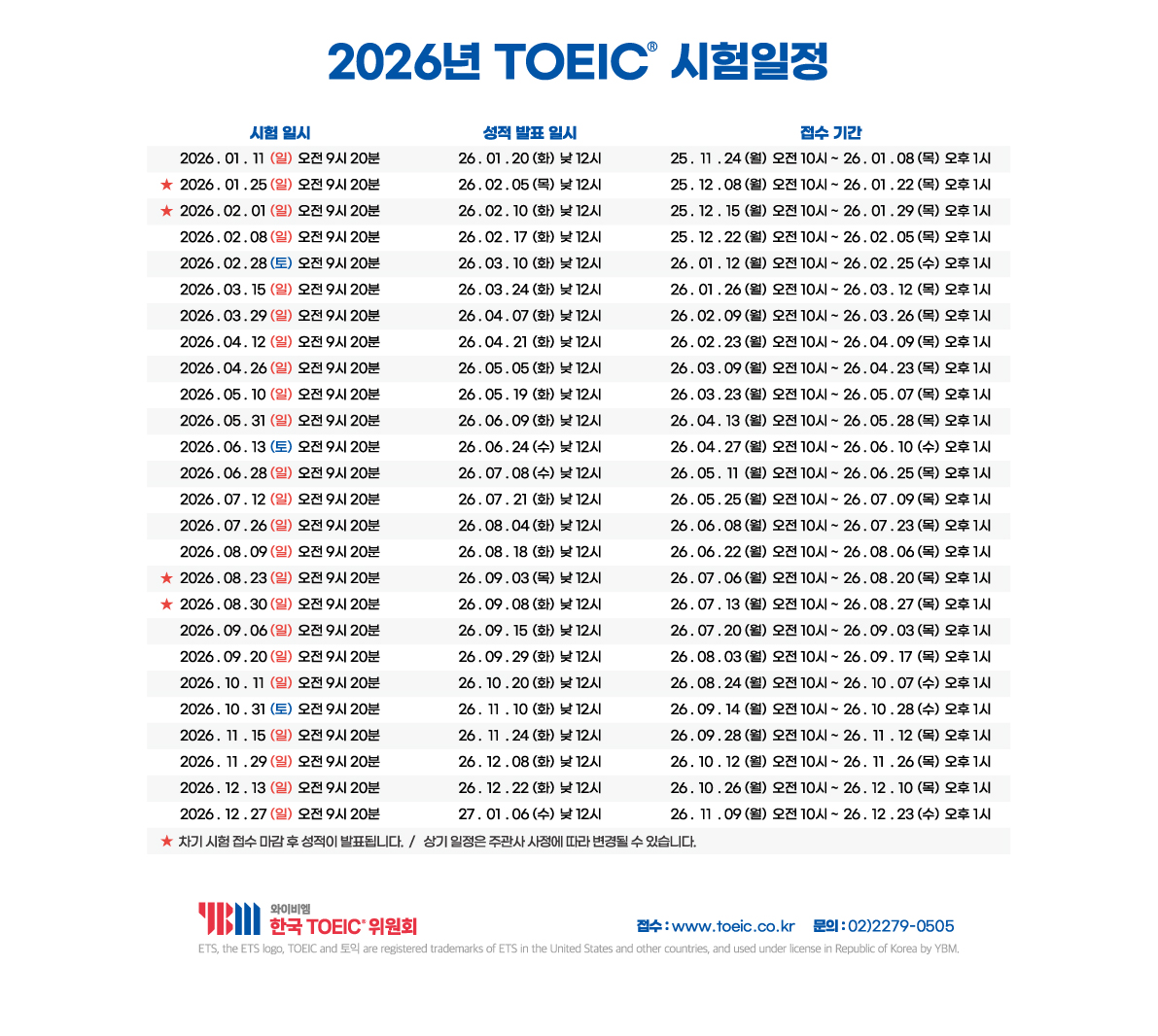 2026년 토익 시험일정