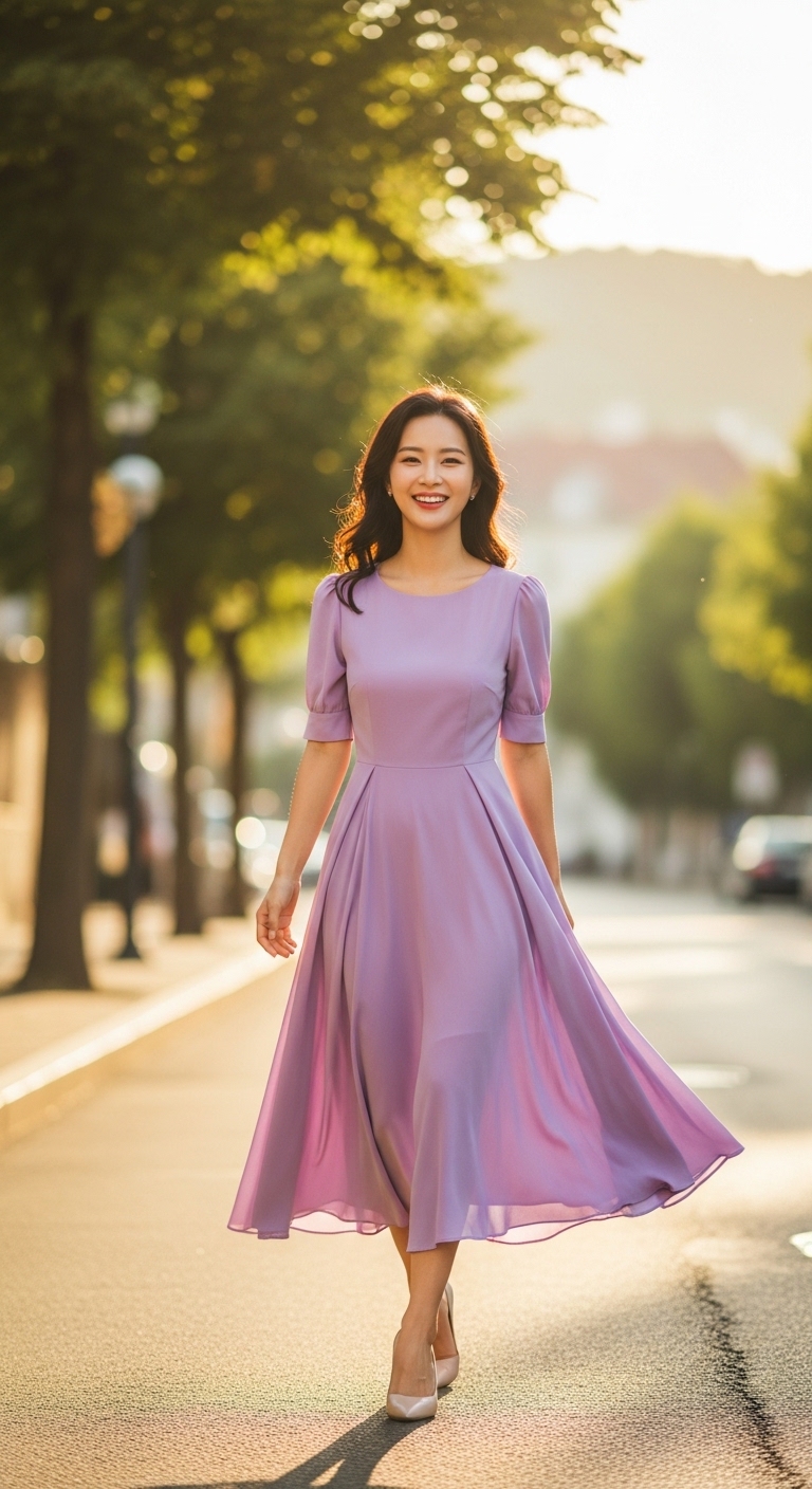 라벤더 원피스를 입고 화사하게 웃으며 걷는 모델의 전신 샷