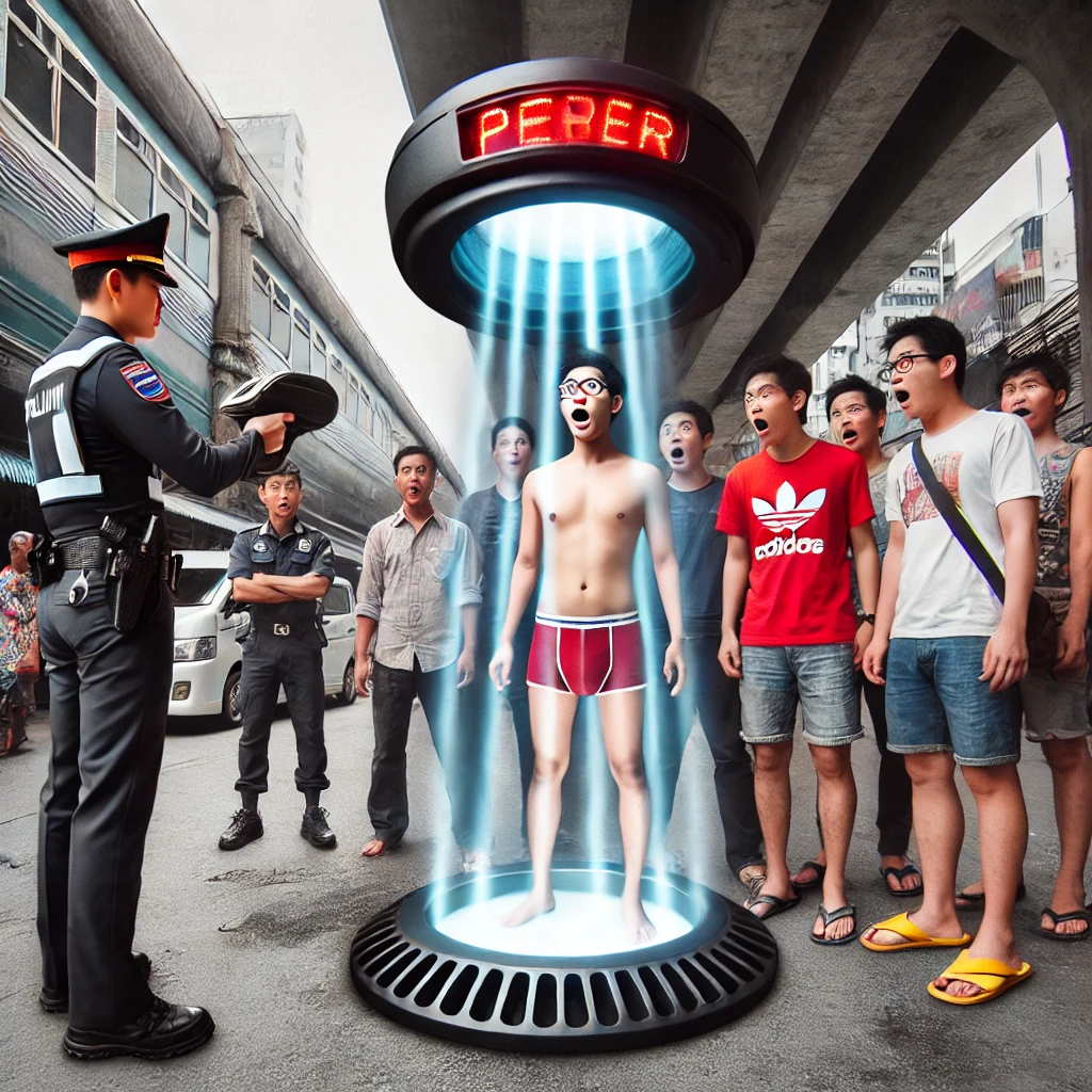 태국 거리에서 경찰이 미래형 스캐너를 사용해 사람들이 속옷을 입었는지 검사하는 모습.
스캐너 빛이 사람들에게 비춰지고, 속옷을 입지 않은 사람들은 붉은색으로 표시됨.
주변 행인들은 충격과 당황한 표정을 짓고 있음.