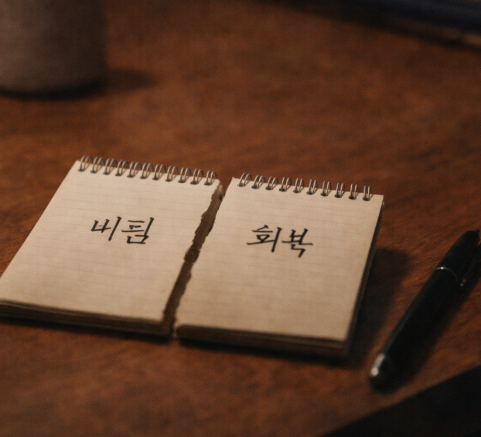 버팀과 회복을 적어 놓은 메모지가 책상 위에 있는 사진