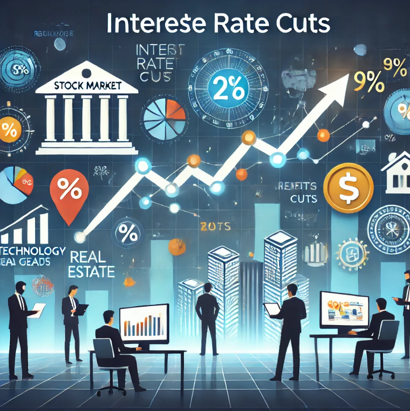 금리 인하가 주식 시장에 미치는 영향을 시각적으로 설명하는 이미지