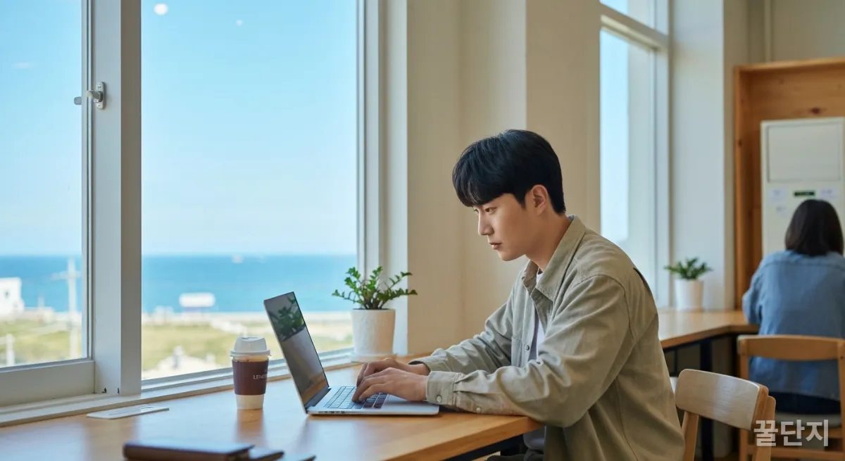 해변가 워케이션 센터에서 노트북으로 업무를 보는 한국 남성