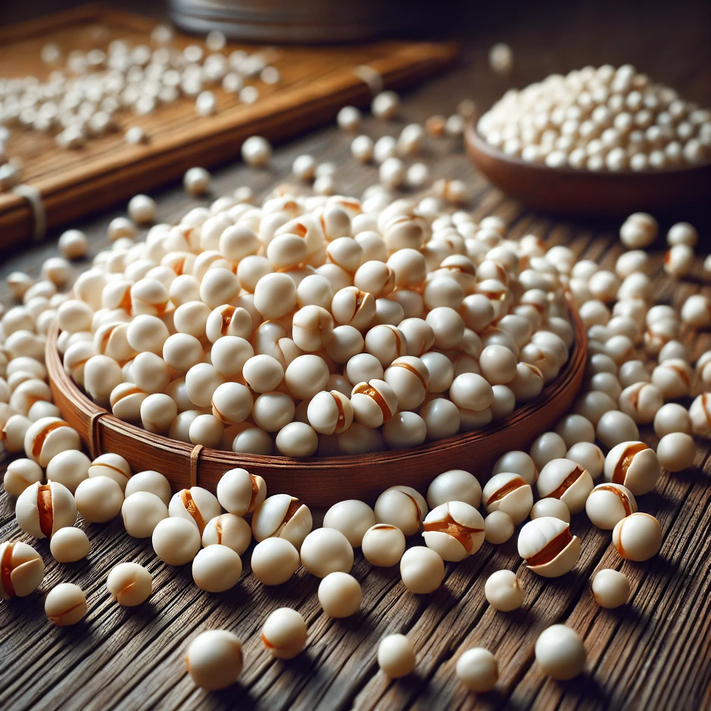 나무 바닥 위에 흩어진 둥근 모양의 율무(율무쌀)알들, 자연광이 비치는 모습.