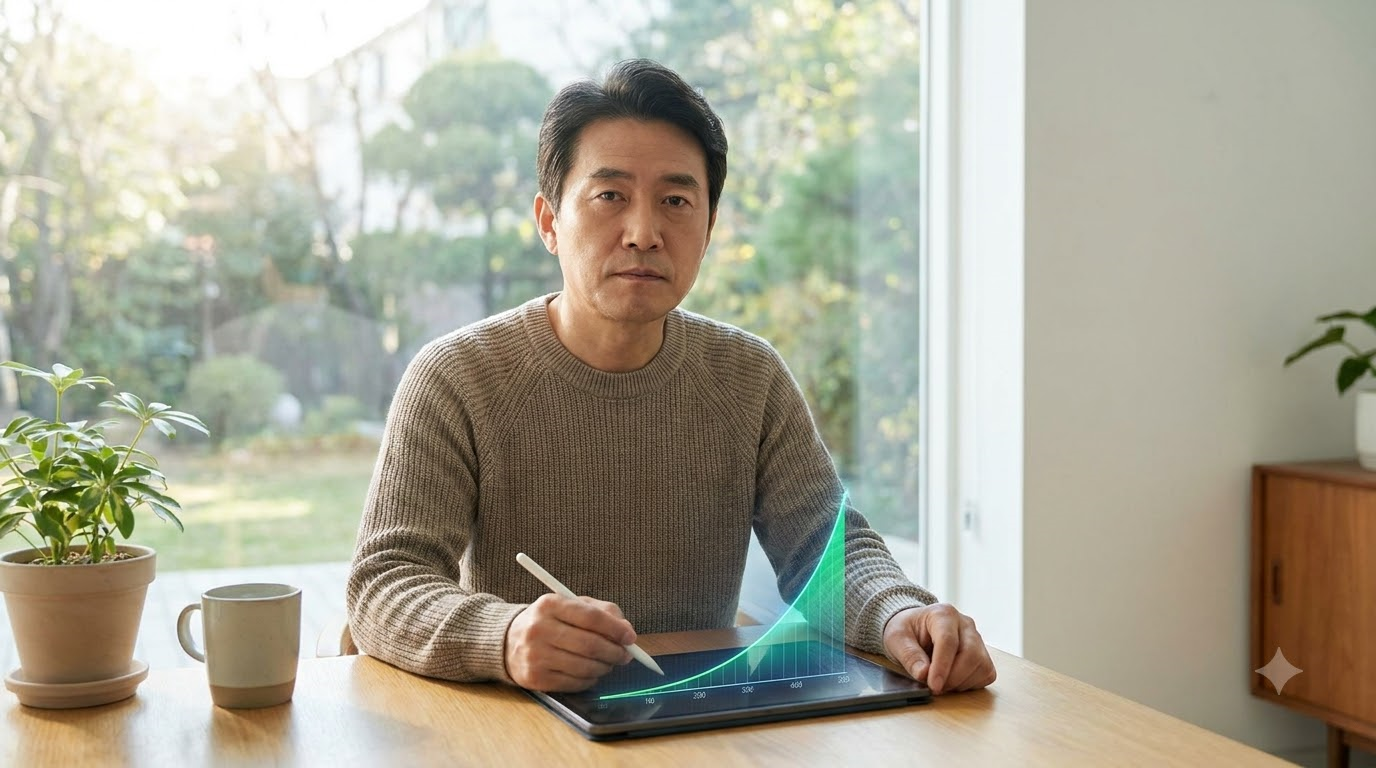 홈 서재 환경에서 투자자가 태블릿으로 배당금 30% 재투자 시 30년 뒤 월 1,080만 원 달성 복리 곡선 그래프를 확인하는 모습