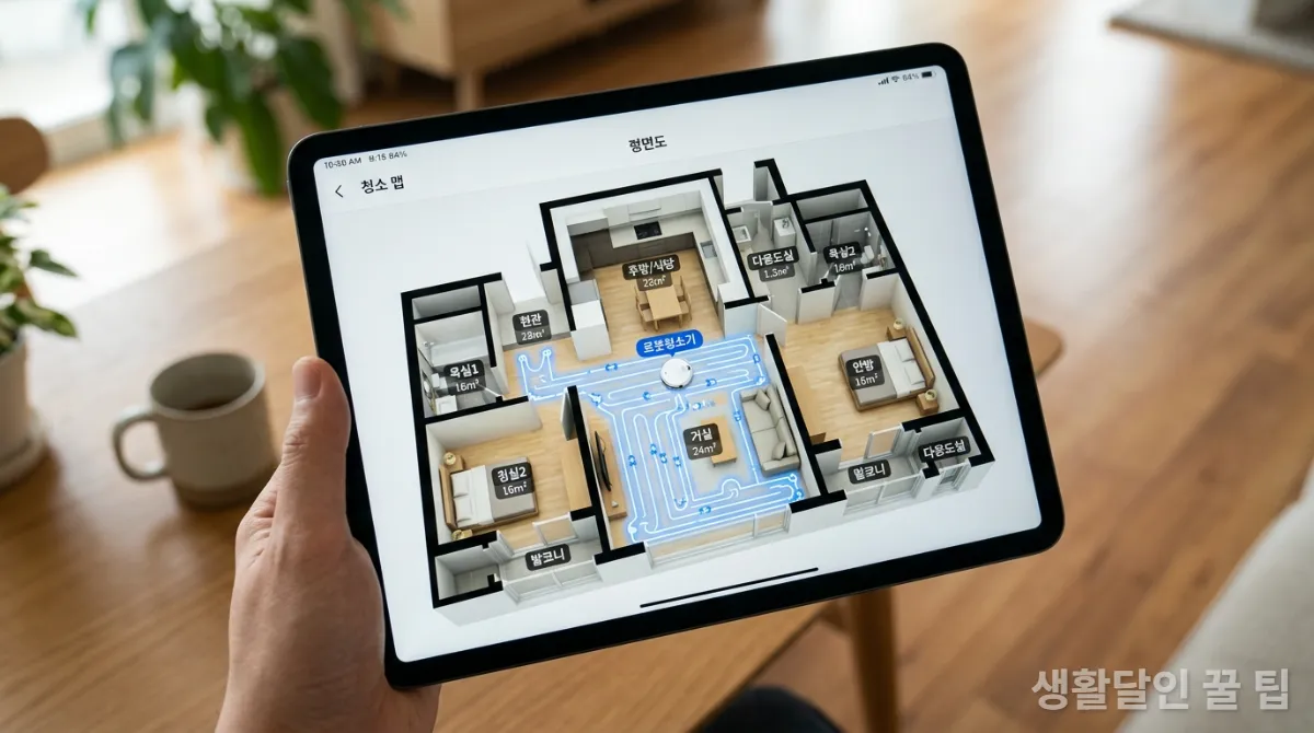 태블릿에 표시된 한국 아파트의 로봇청소기 스마트 매핑 지도