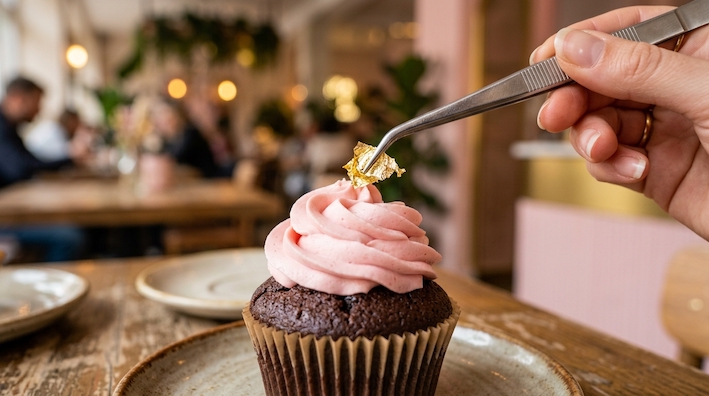 pink cupcake with gold deco on the top