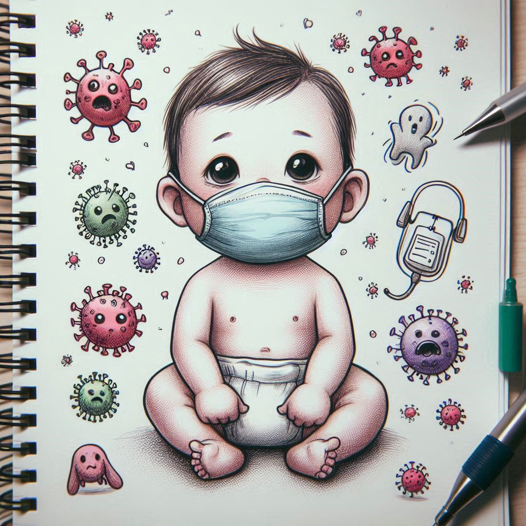 RSV 바이러스 감염 예방을 위해 마스크를 쓰고 있는 아기