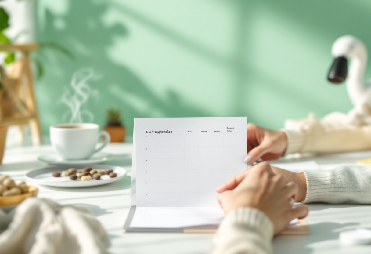 커피 한 잔 옆에서 영양제 복용 스케줄을 정리하는 모습